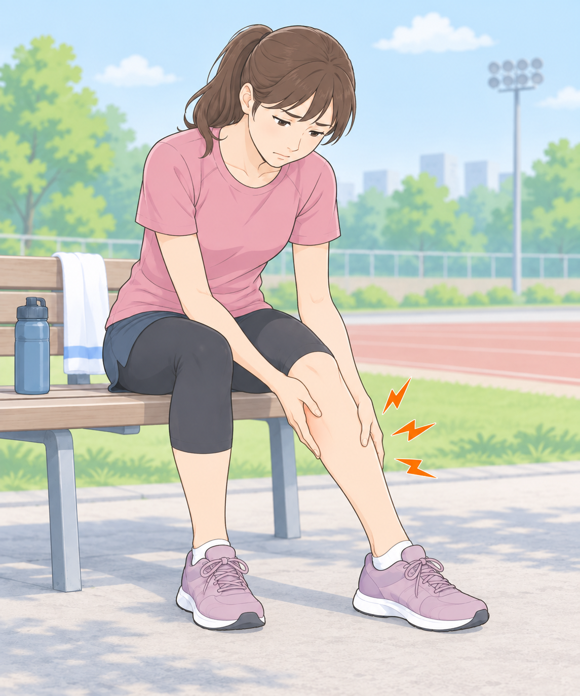 すねからふくらはぎの痛みを気にして下腿に手を添える人物のイラスト