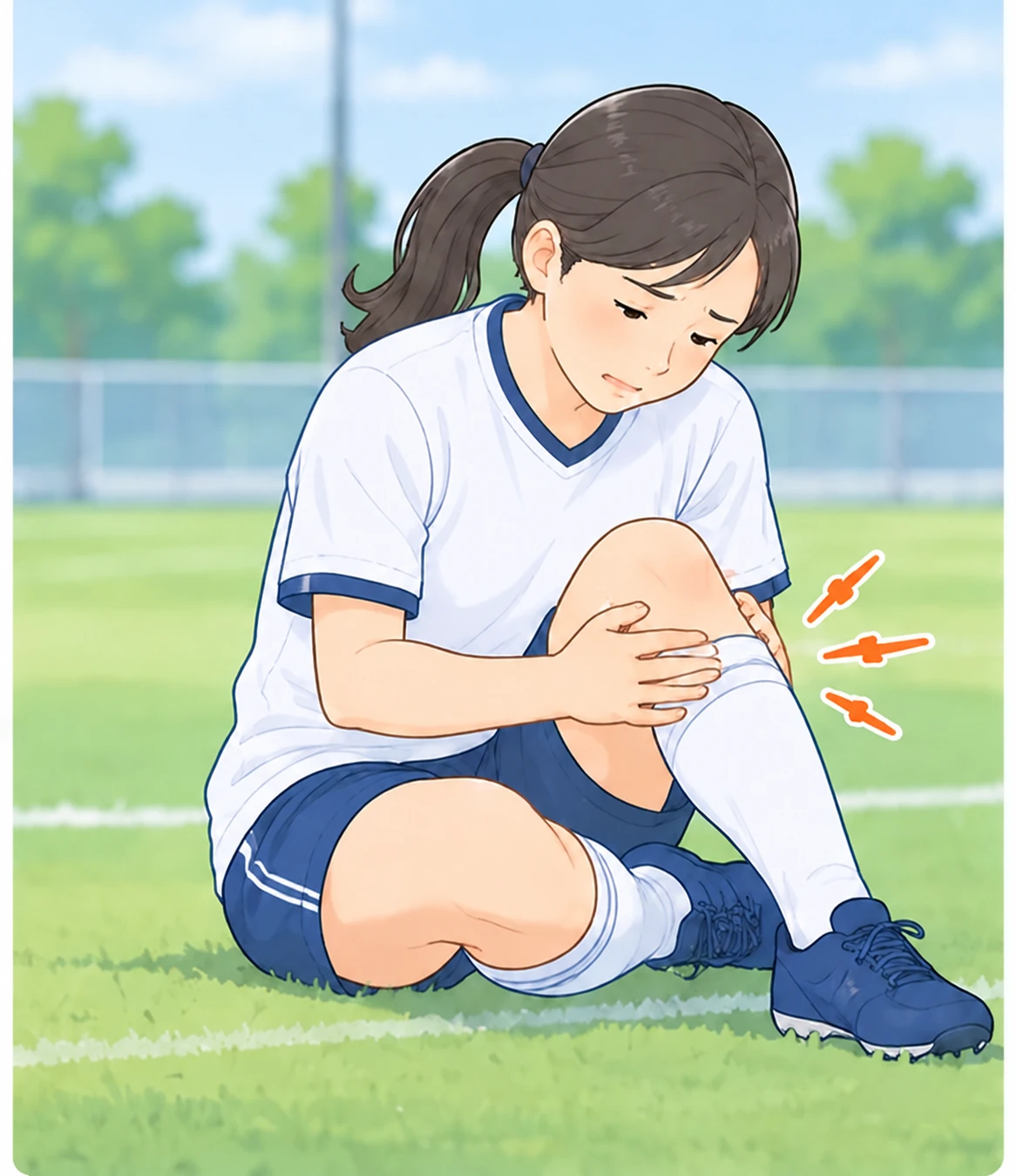 スポーツ中に膝を痛めて膝を支える人物のイラスト