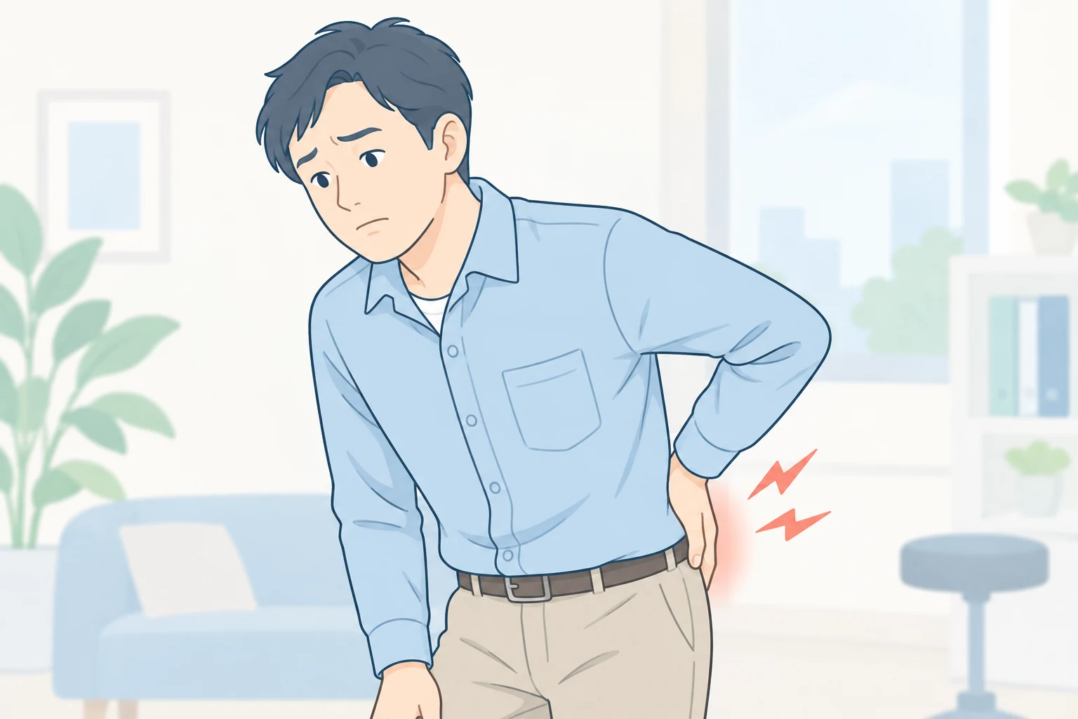 腰の痛みで腰に手を添える人物のイラスト