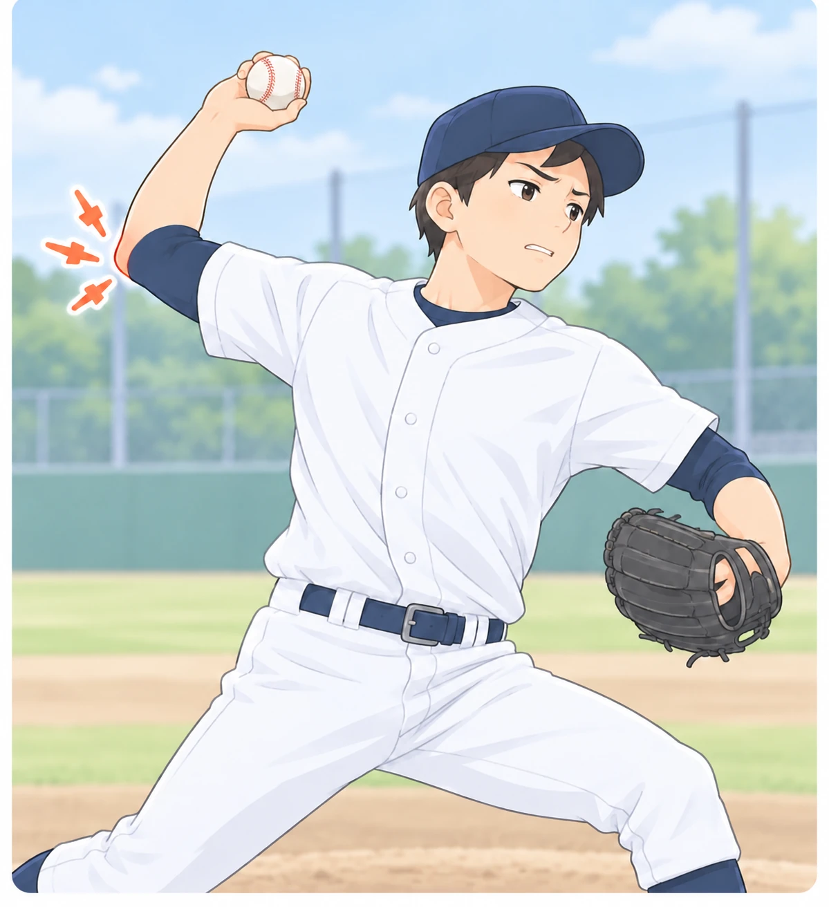投球動作中に右肘の痛みを感じる野球選手のイラスト