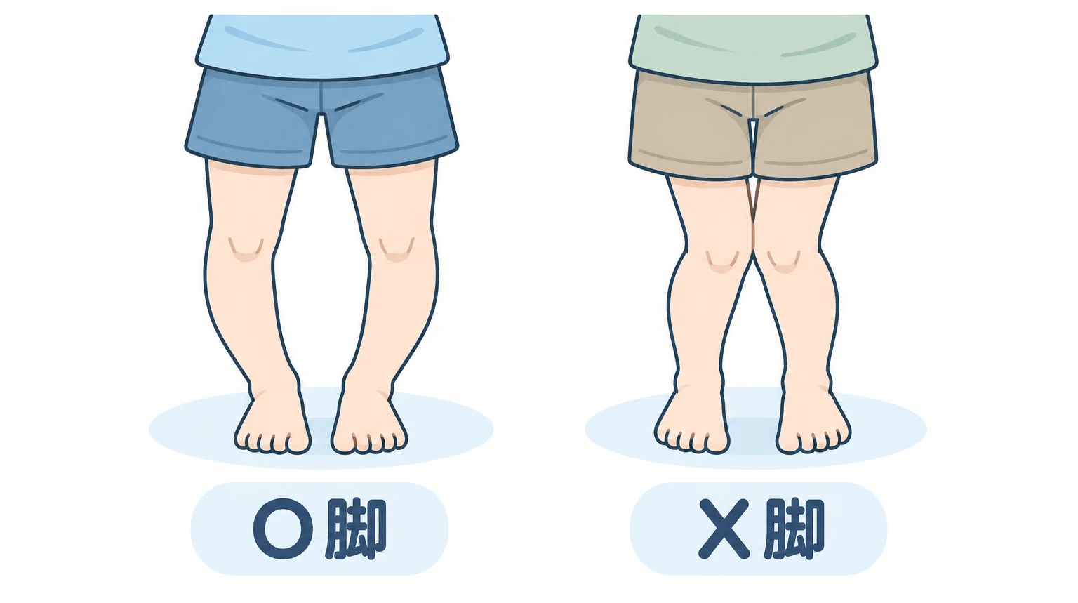 幼い子どものO脚とX脚の脚の形を比較したイラスト
