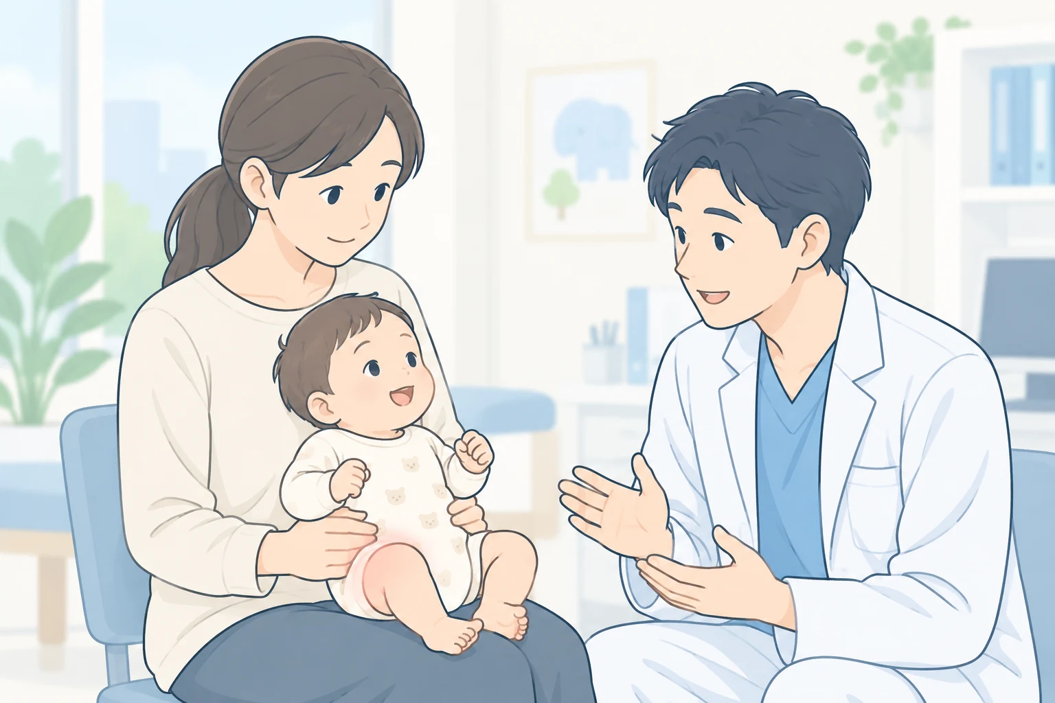 乳児の股関節について保護者が医師に相談するイラスト