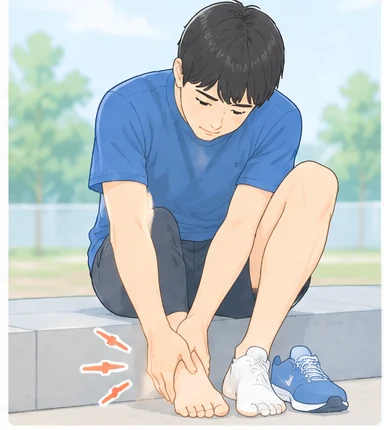 足首や足の痛みを気にして足部に手を添える人物のイラスト