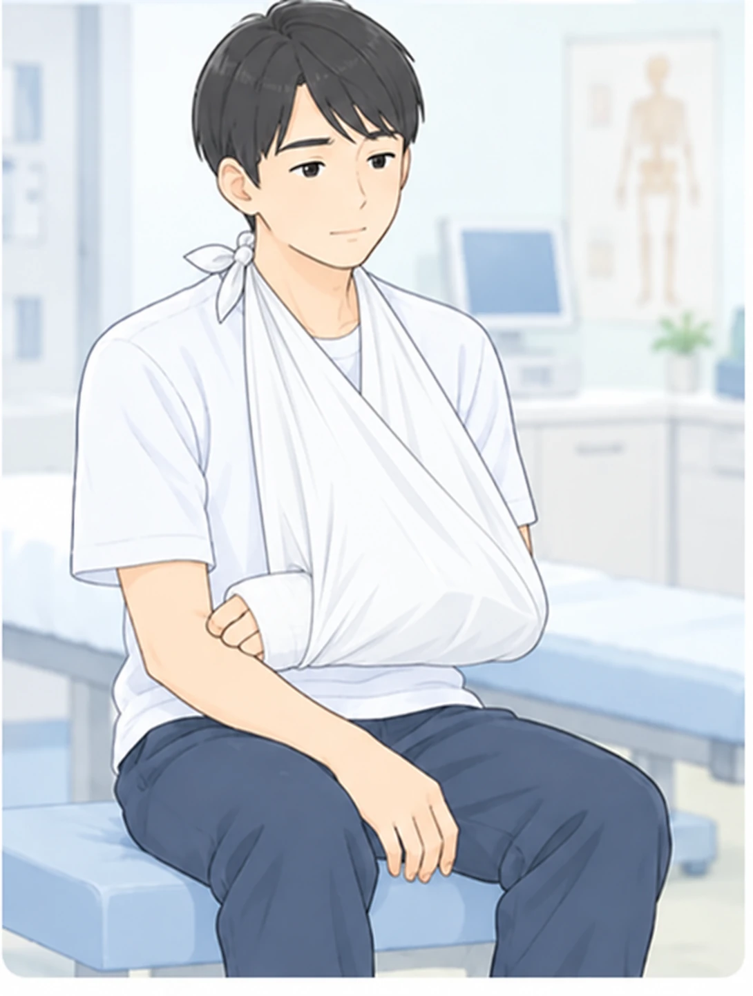 三角巾で腕を固定している外傷患者のイラスト