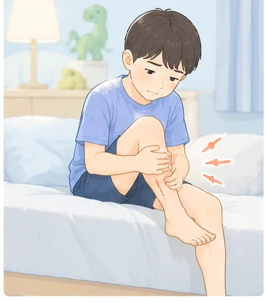 脚の痛みを気にして脚に手を添える子どものイラスト