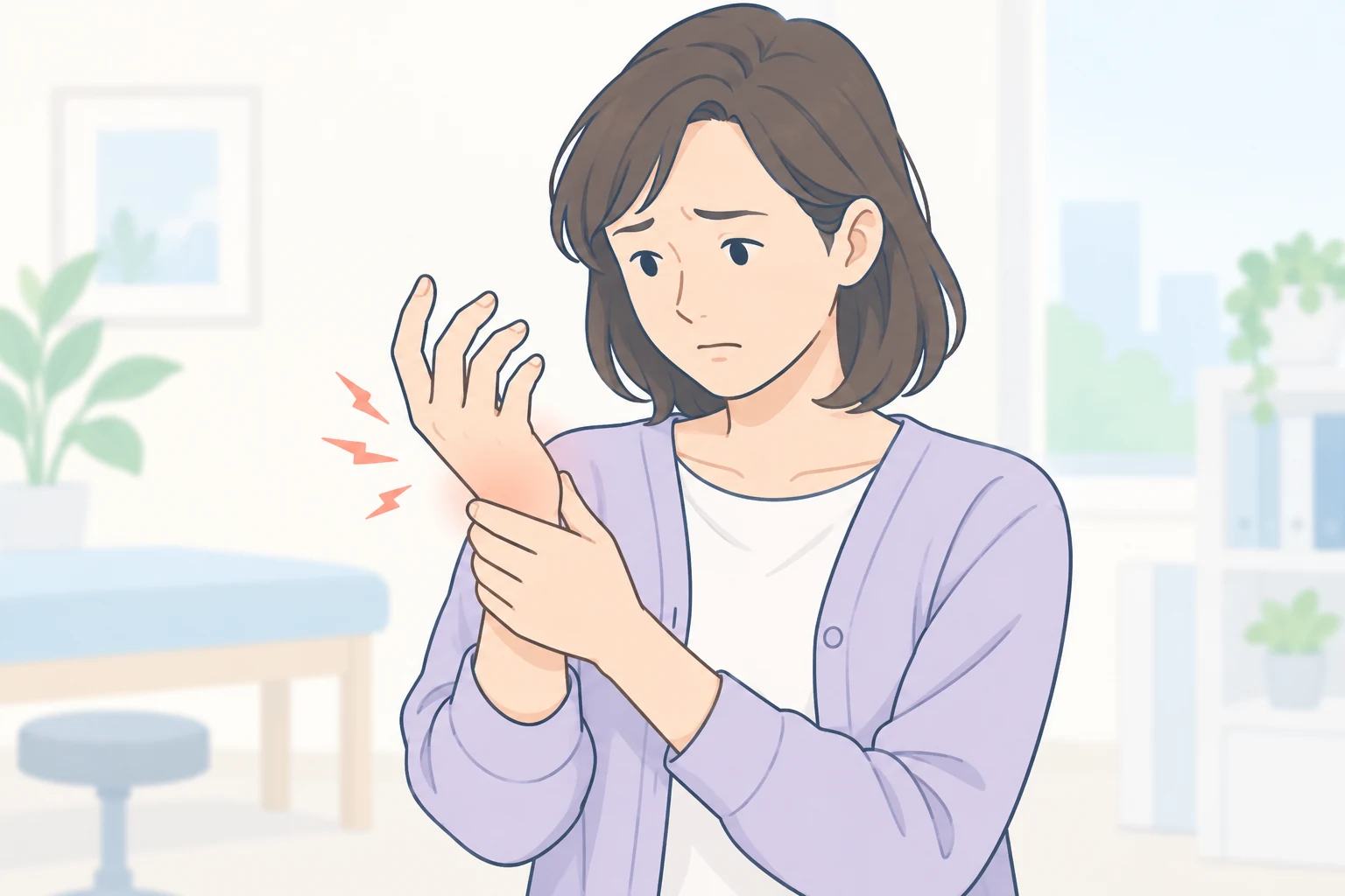 手首や手指の症状を気にして手首を支える人物のイラスト