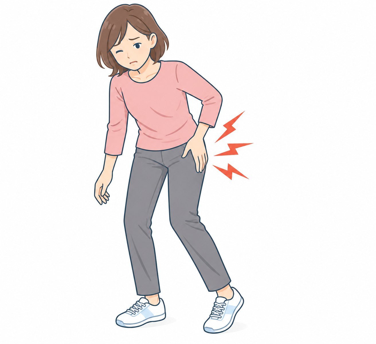 股関節や脚の付け根の痛みで患部に手を添える人物のイラスト