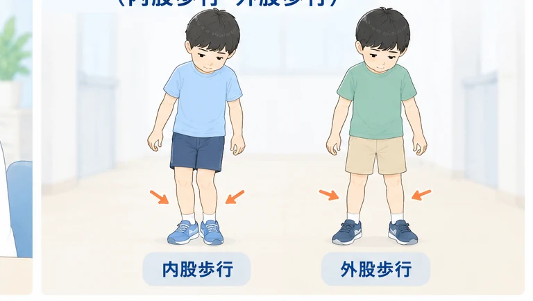 内股歩行と外股歩行の足先の向きを比較した子どものイラスト