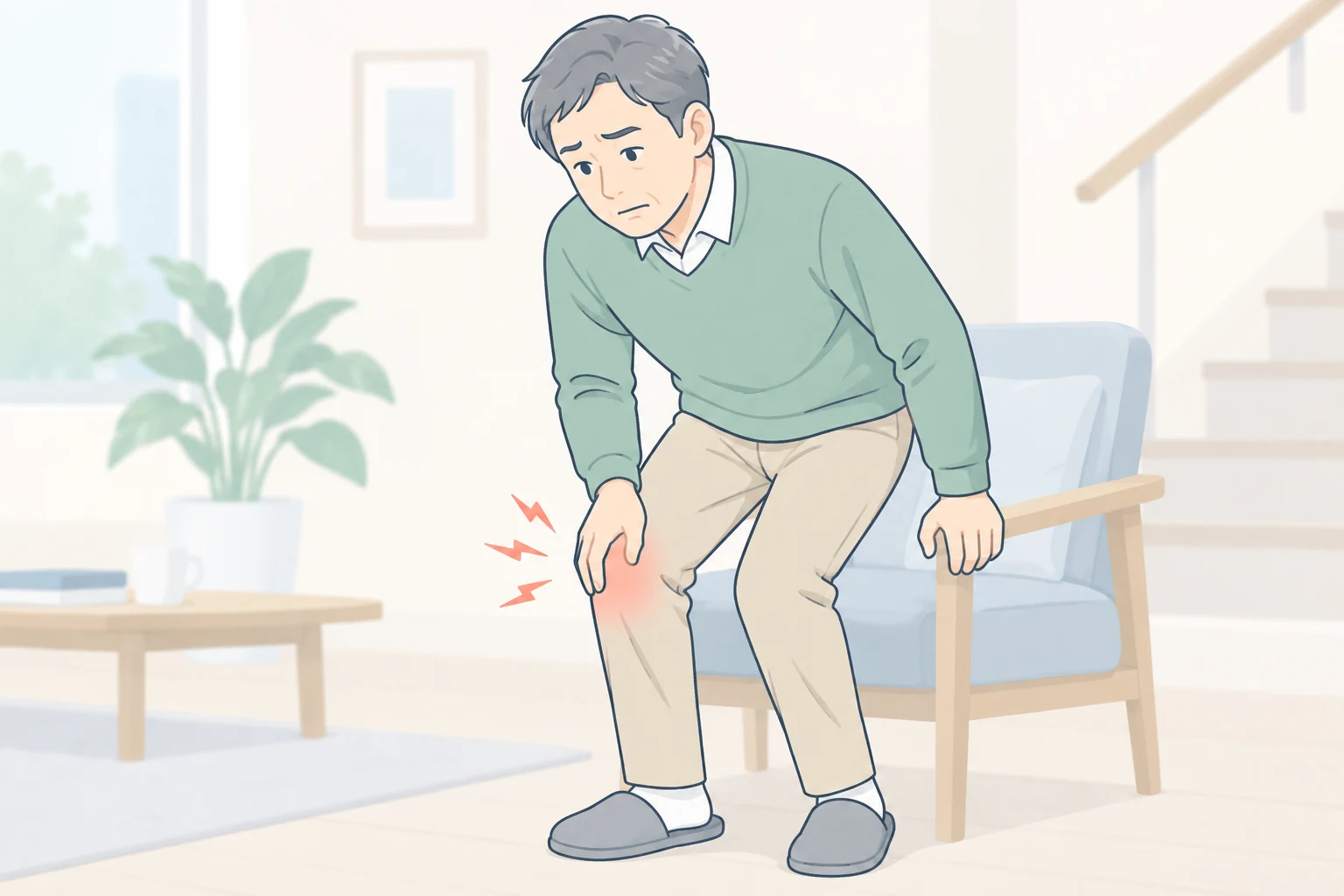 立ち上がるときに膝の痛みを感じる人物のイラスト