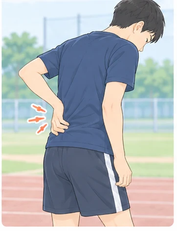 スポーツ中の腰痛で腰に手を添える成長期の人物のイラスト