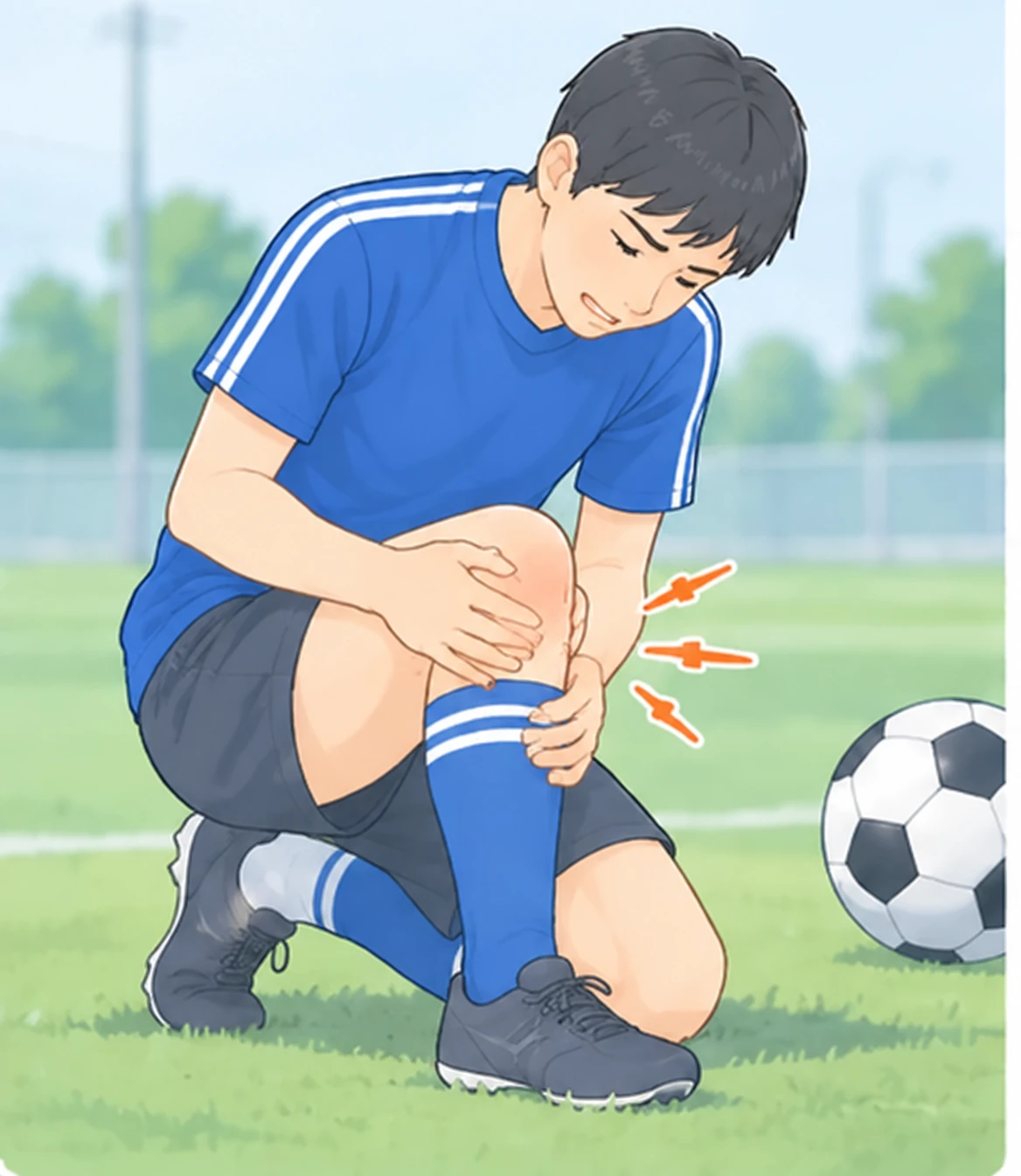 スポーツ中の膝の痛みで膝に手を添える人物のイラスト