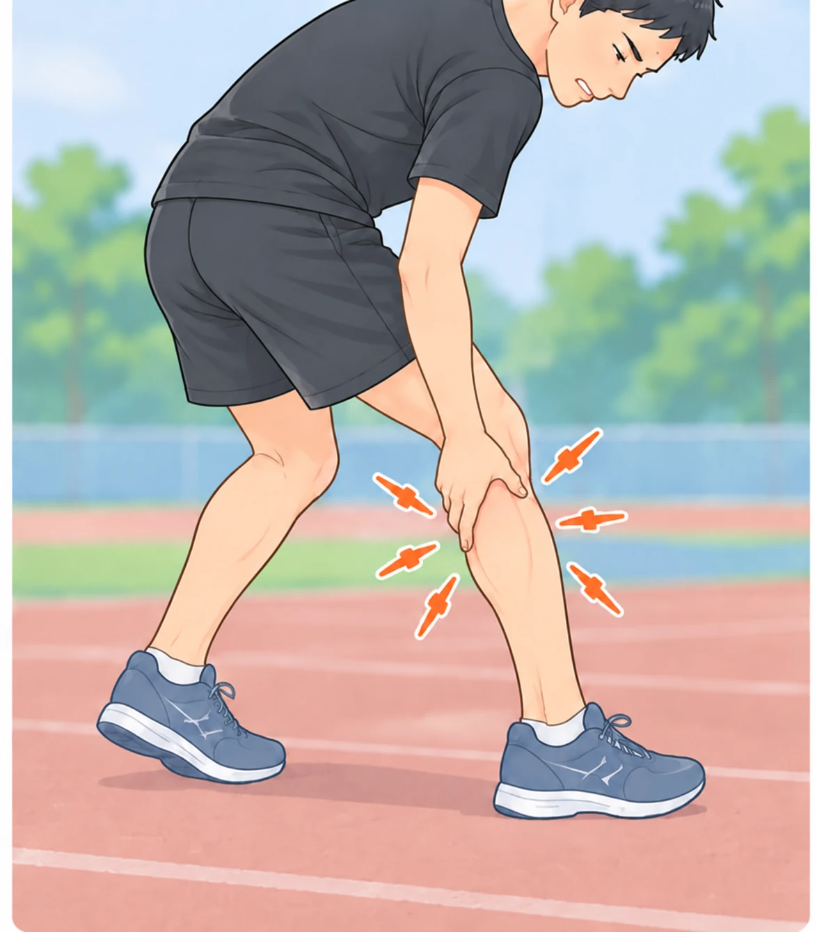 運動中にふくらはぎ中央を痛めて患部を押さえる人物のイラスト