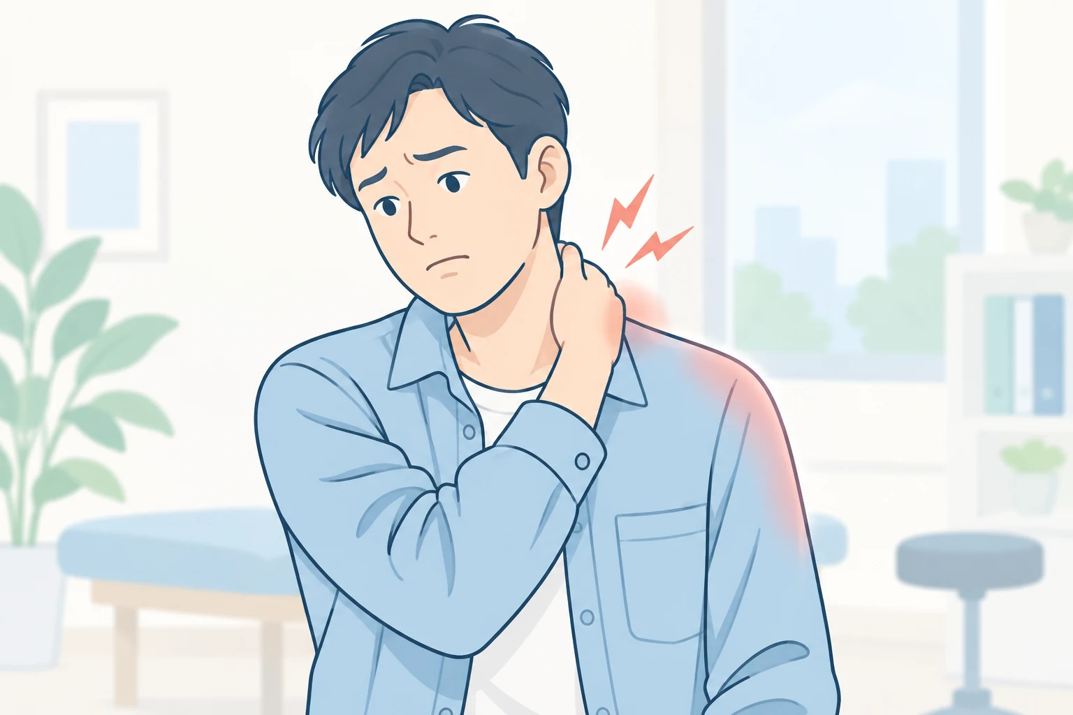 首の痛みで首の後ろに手を添える人物のイラスト