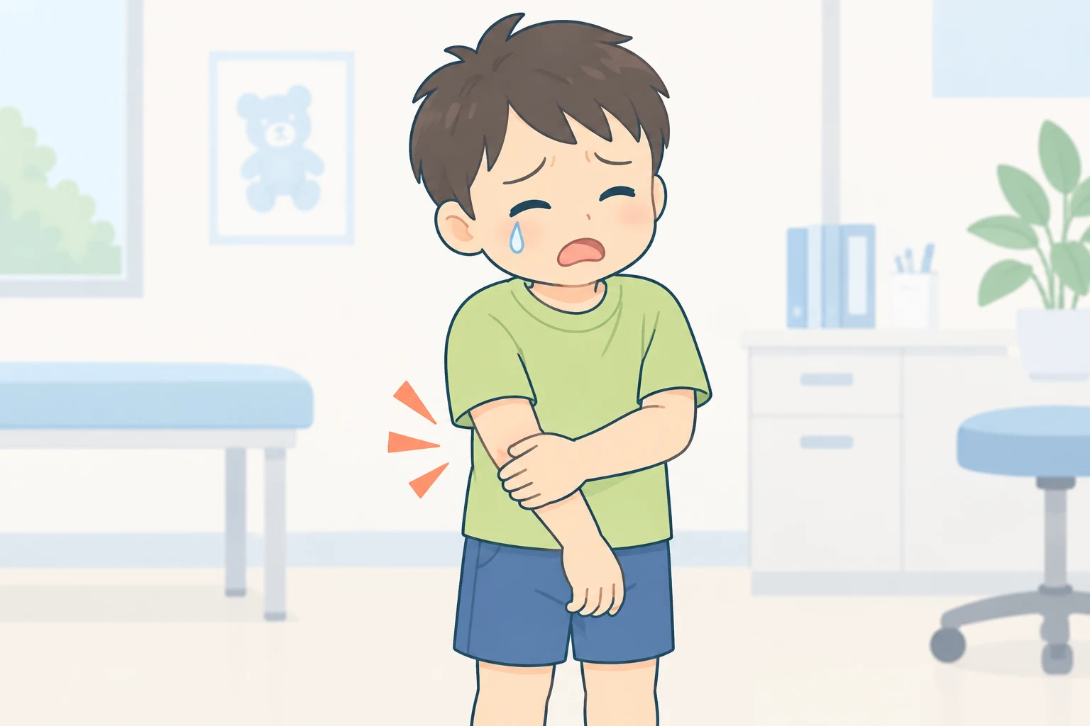 肘の痛みで片腕を動かさず反対の手で支える幼児のイラスト