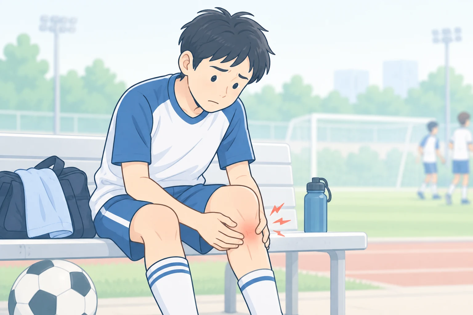 スポーツ後に膝のお皿の下の痛みを気にする子どものイラスト