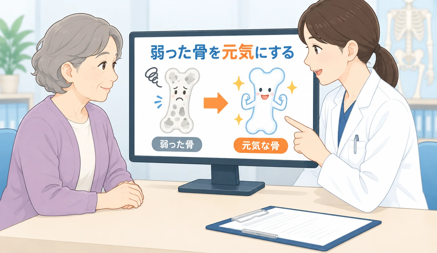 骨粗しょう症について医師が弱った骨から元気な骨への変化を説明するイラスト
