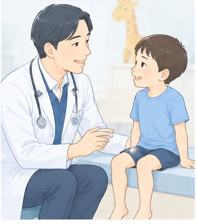 整形外科医と子どもが診察室で話しているイラスト