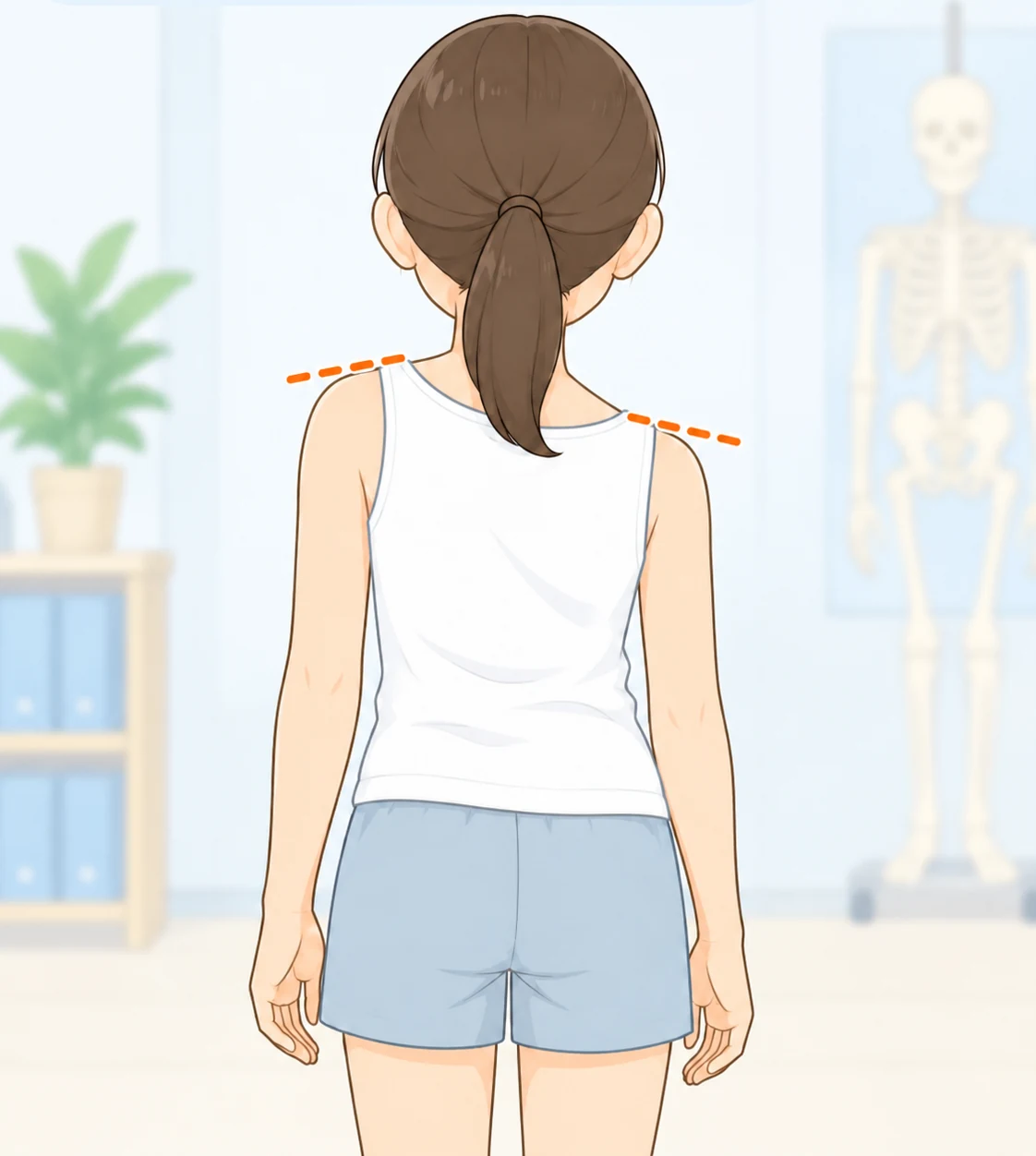 肩の高さに左右差がある子どもの後ろ姿を示すイラスト