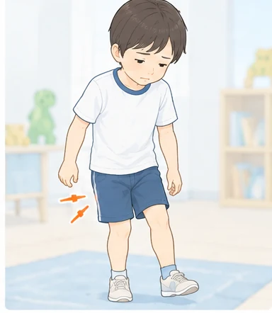 股関節や脚の痛みで片脚をかばう子どものイラスト