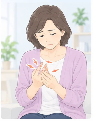 手指の関節症状を気にして両手を見つめる人物のイラスト
