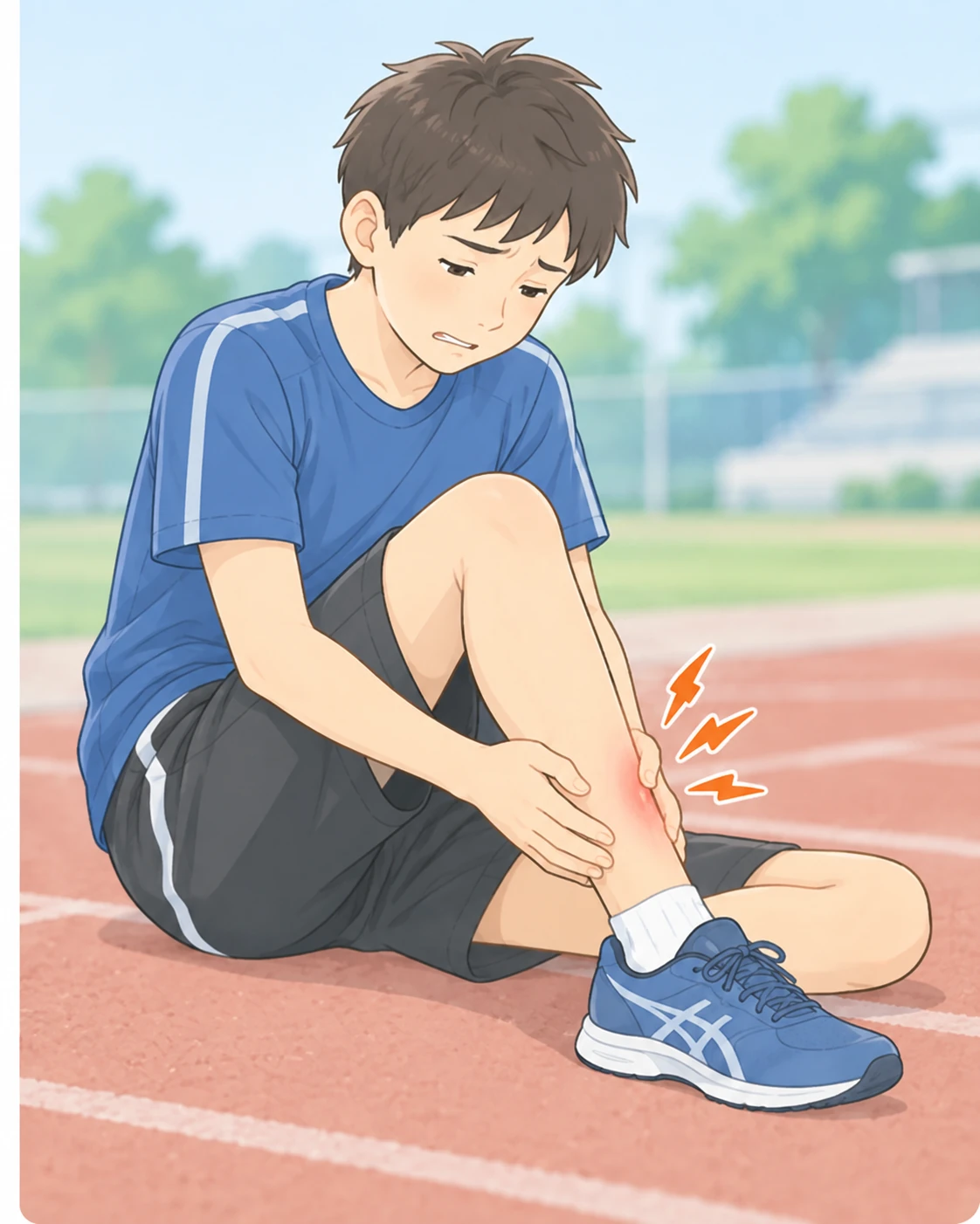 下腿遠位3分の1内側の痛みを気にする中学生くらいの男の子のイラスト