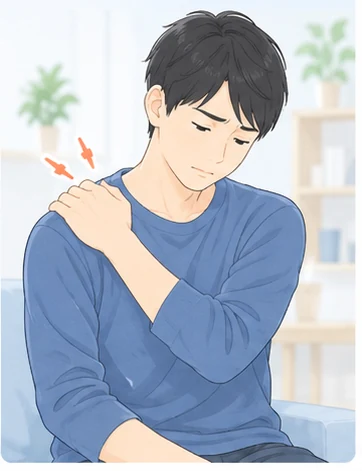 肩の痛みで肩に手を添える人物のイラスト