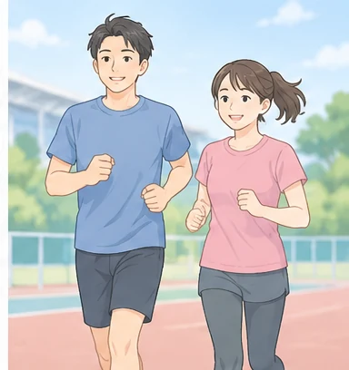陸上競技場を走る男女のスポーツ選手のイラスト