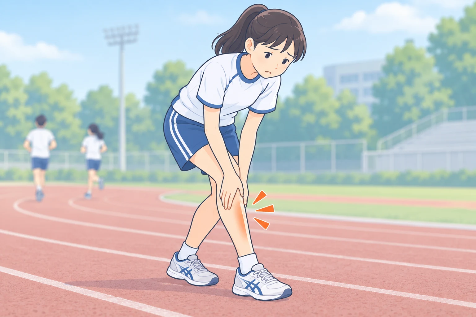 ランニング中にすねの局所的な痛みを感じる人物のイラスト