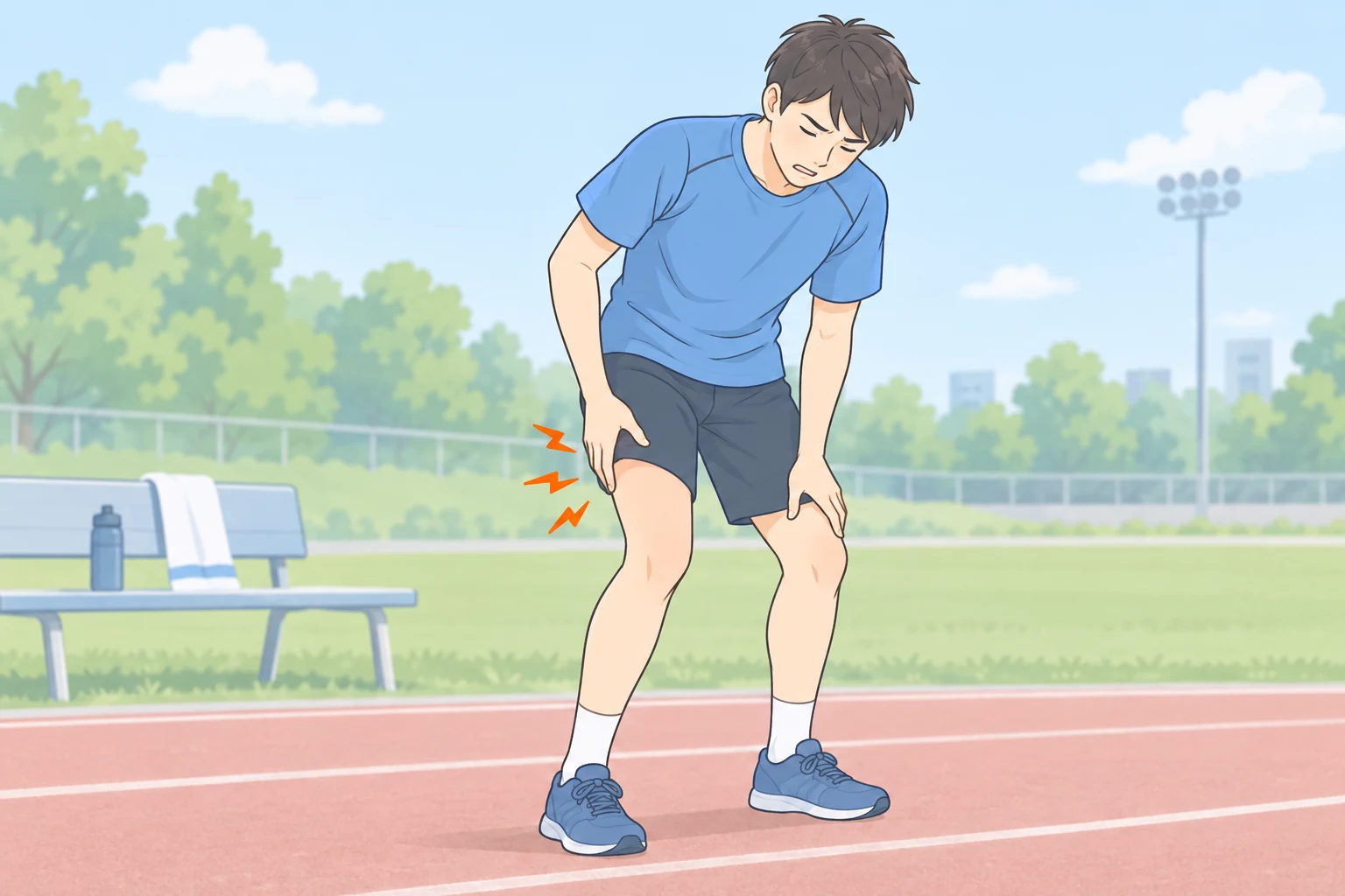 運動中に太ももの痛みを感じて太ももに手を添える人物のイラスト