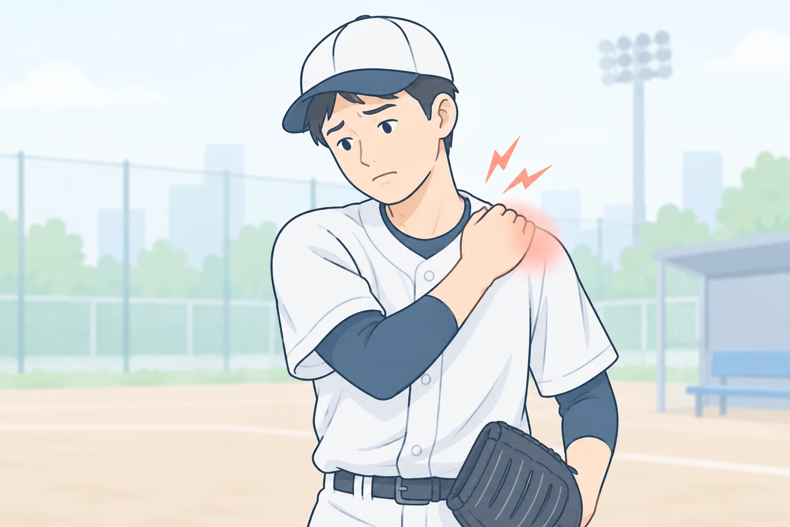 投球時の肩の痛みを気にする野球選手のイラスト