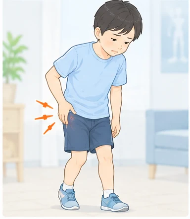 股関節の痛みで脚の付け根をかばう子どものイラスト