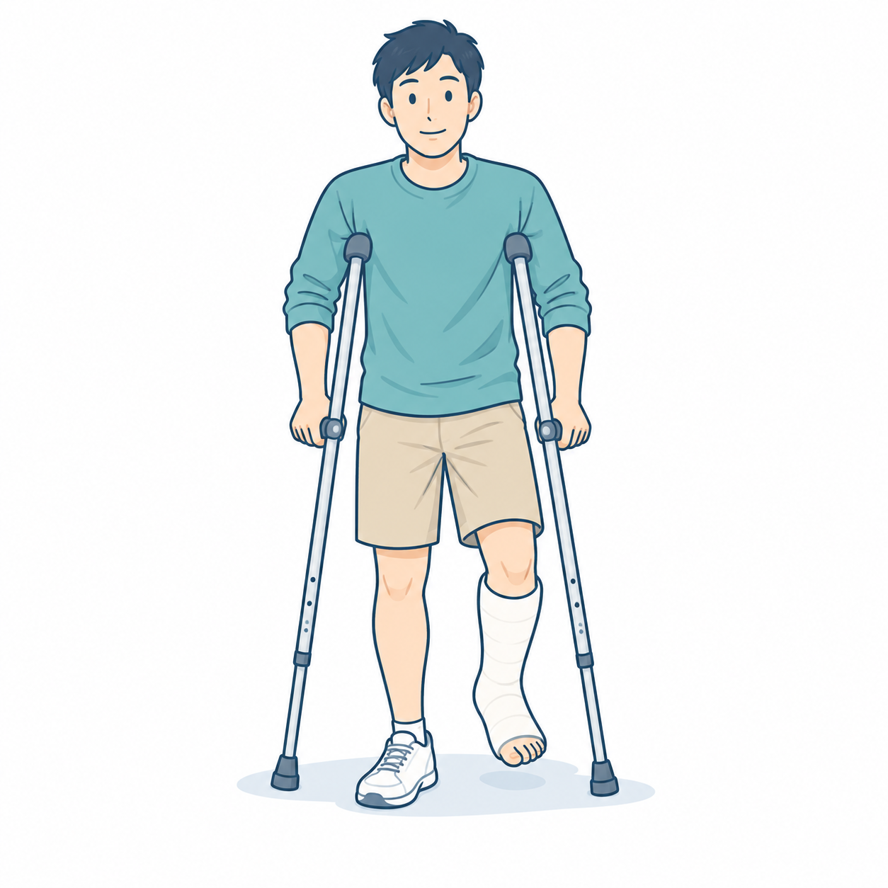 左足をギプスで固定し、両側の松葉杖を使う人のイラスト