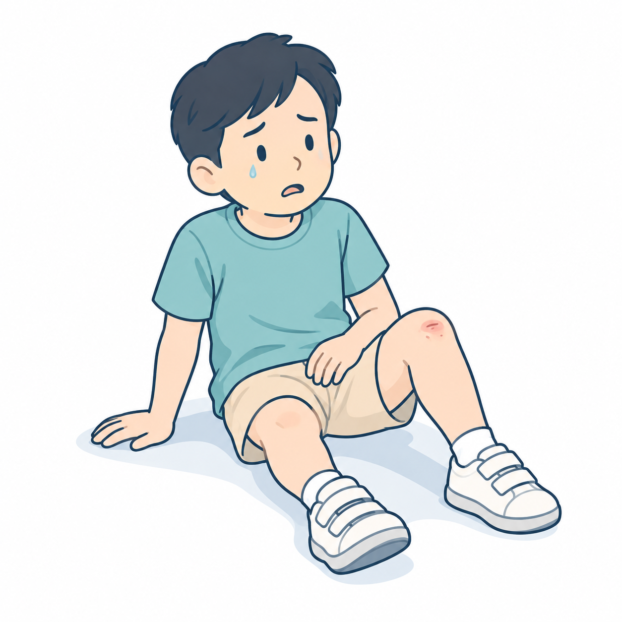 左膝をすりむき、地面に座って泣いている子どものイラスト