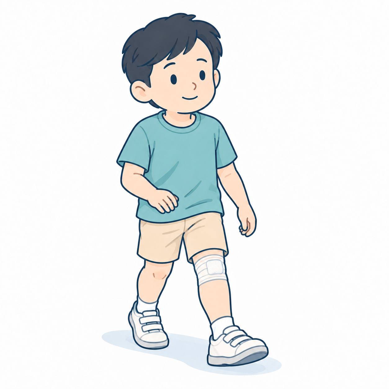 左膝に包帯を巻き、笑顔で歩く子どものイラスト