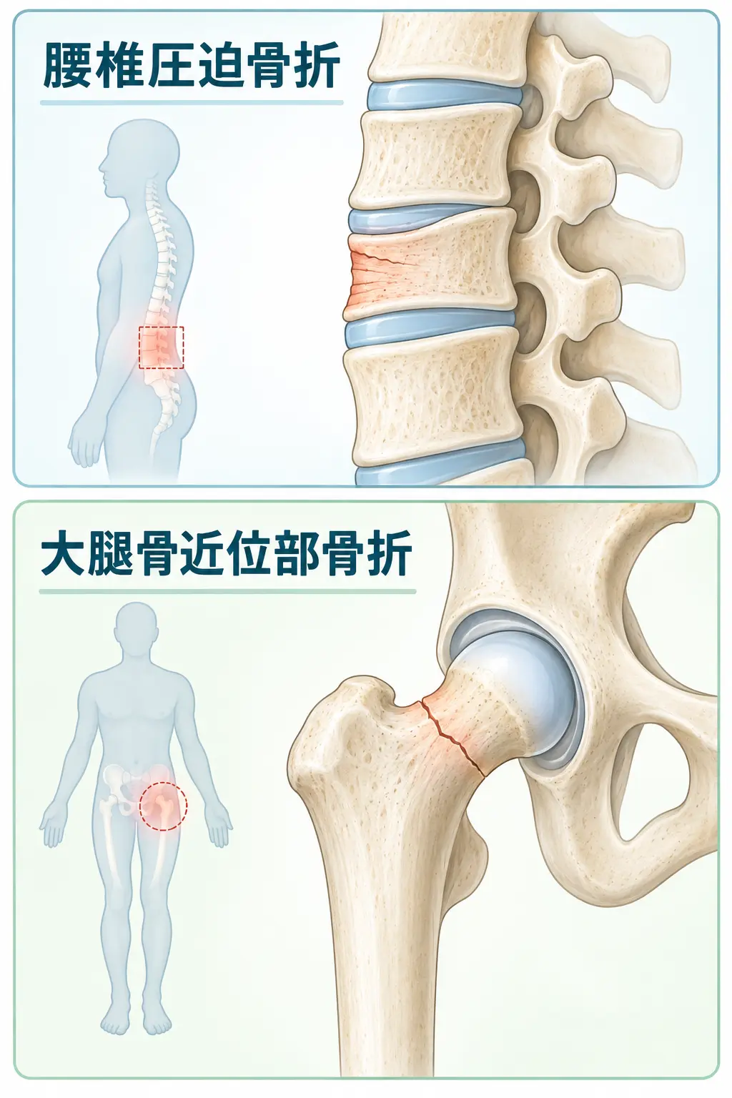 腰椎圧迫骨折と大腿骨近位部骨折のイラスト