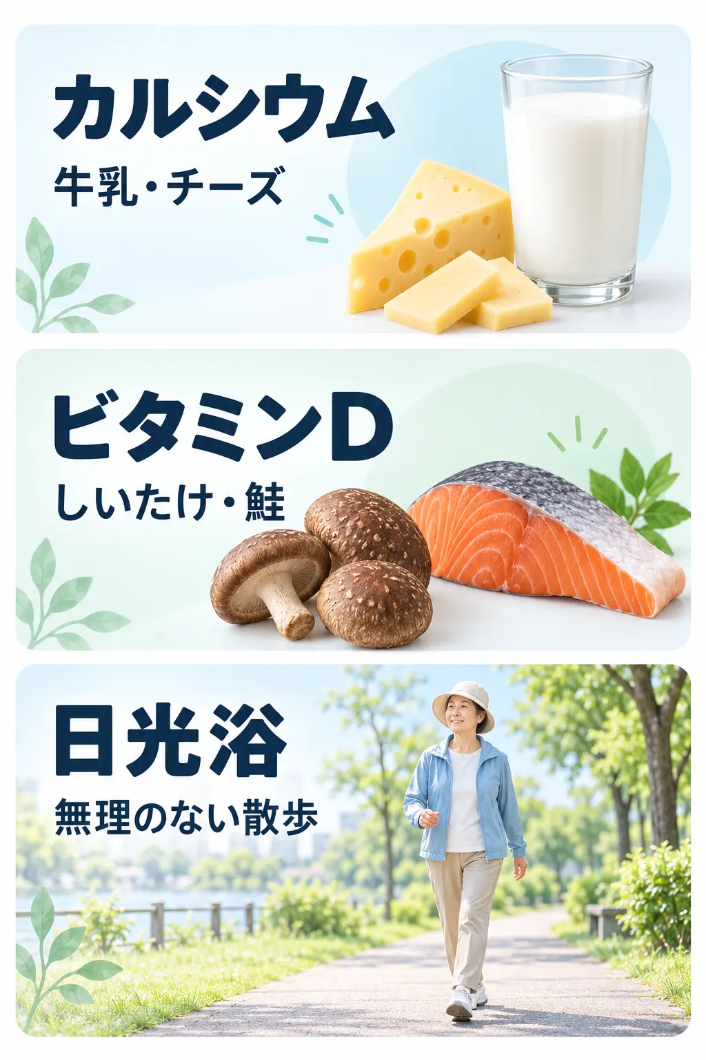カルシウムを含む牛乳とチーズ、ビタミンDを含むしいたけと鮭、日光を浴びながら歩く人