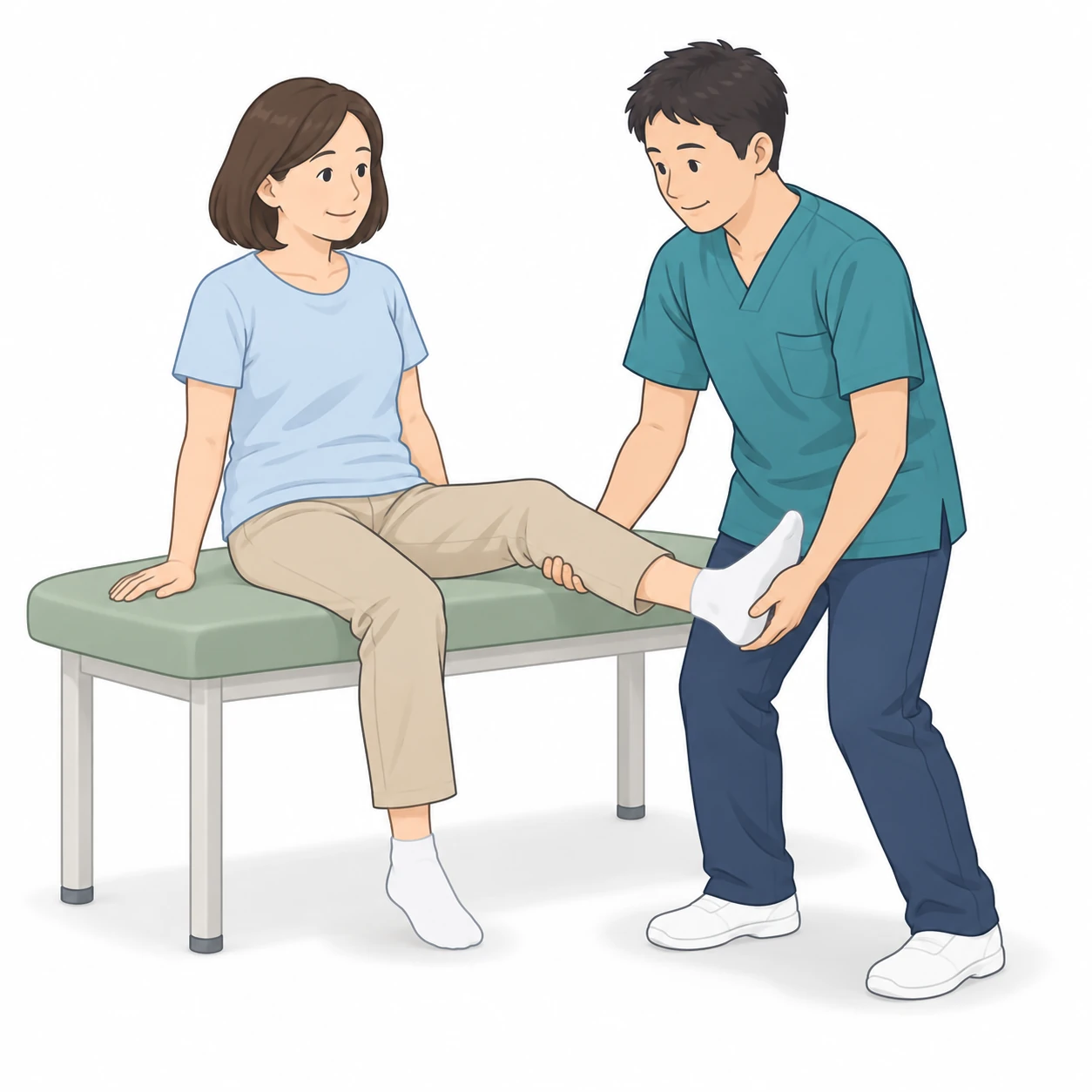 理学療法士が膝の関節可動域練習を補助しているイラスト