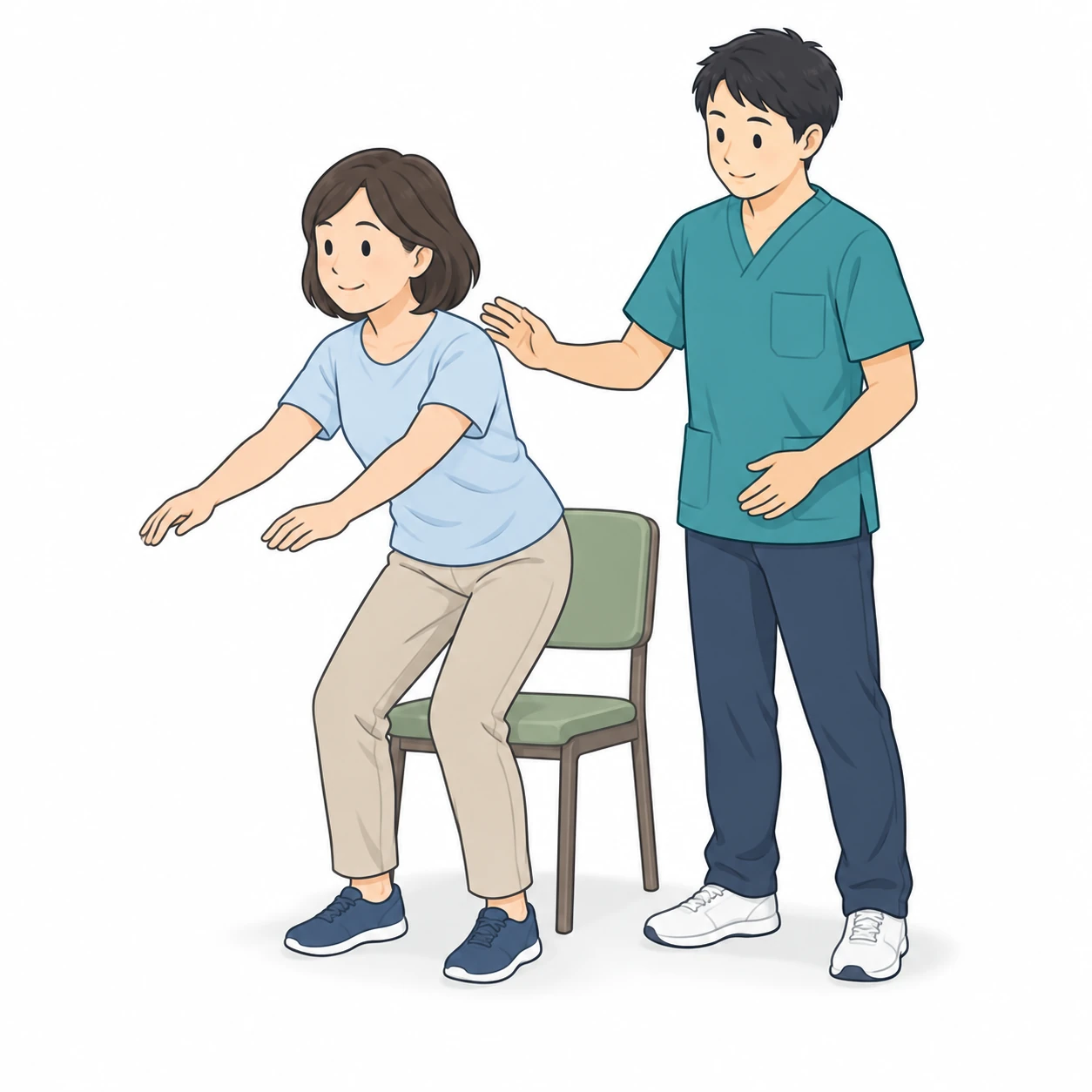 理学療法士の見守りのもとで椅子から立ち上がる練習をするイラスト