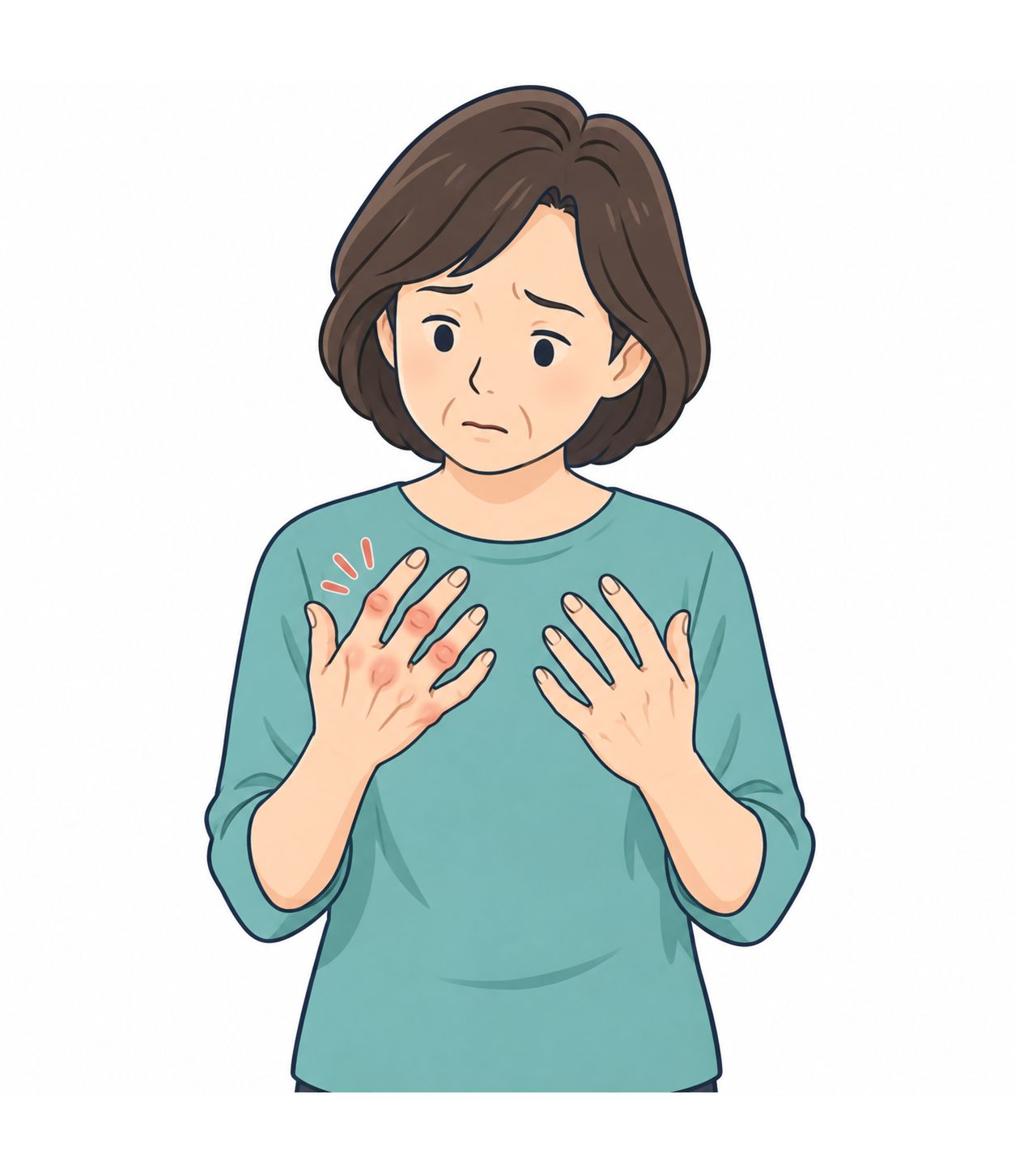 関節の腫れや痛みを気にして手を見る女性のイラスト