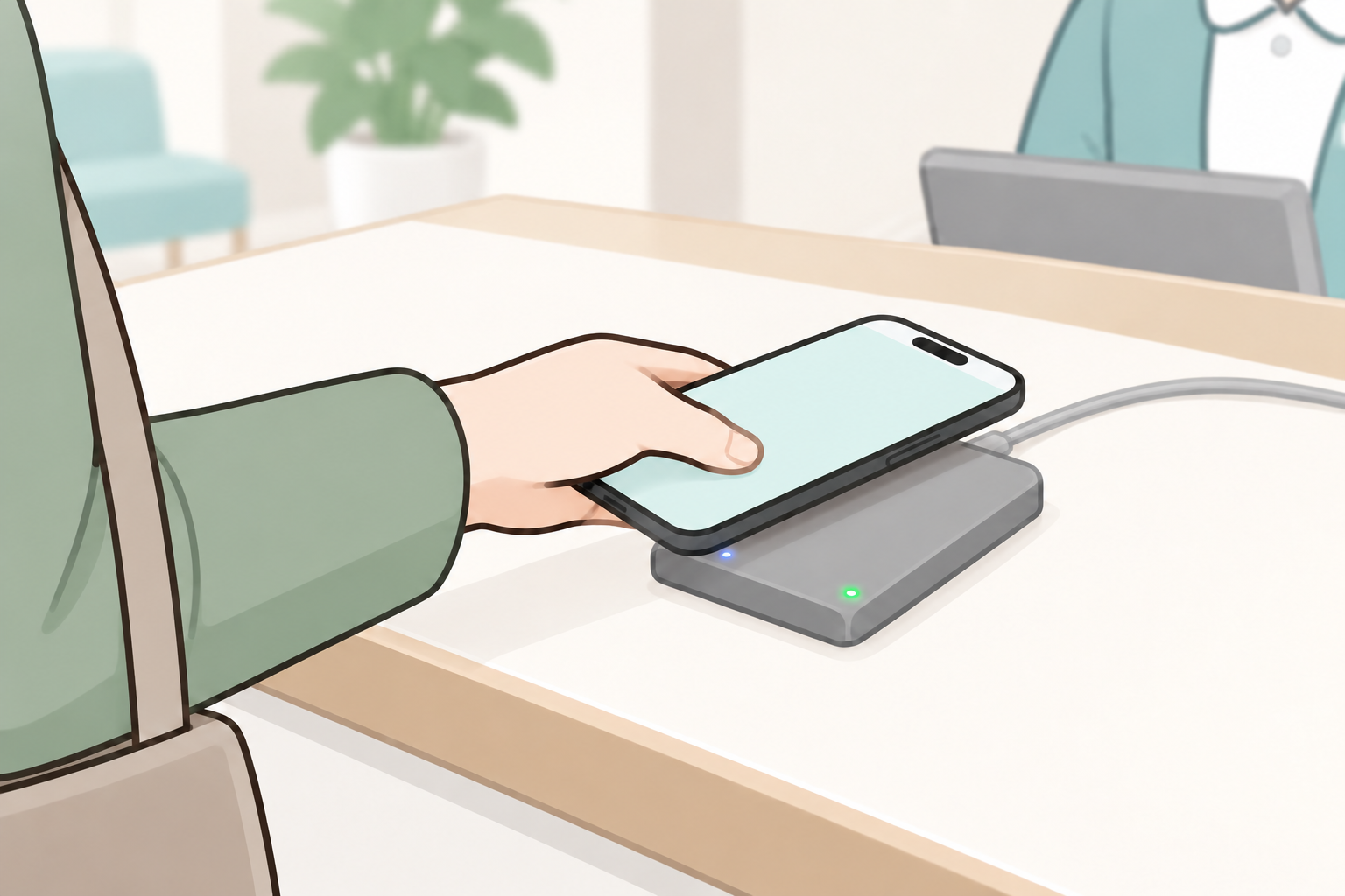 スマホを受付の専用読取機にかざす操作イメージ